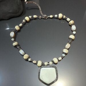 White / Ivory Stone Choker Beaded Necklace with Pendant 14”